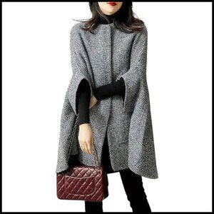 Elegant Plaid Poncho Wool Blend Cape Coat 3/4 Sleeve Single Breasted Winter